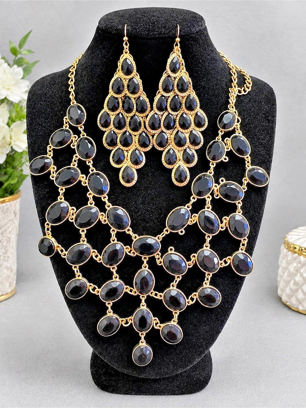 Black & Gold Statement Necklace and Earrings Like New
